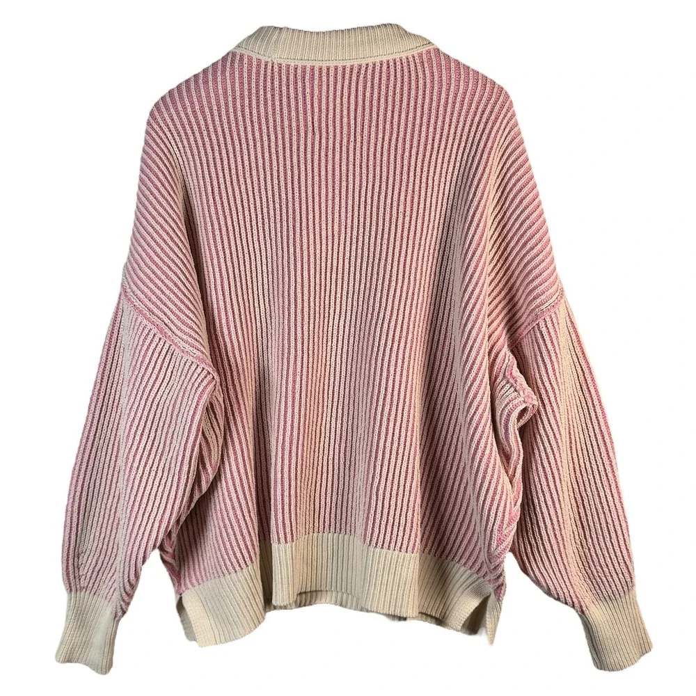 Aerie Women's L Pink Cream Striped Oversized Sweater Cozy Minimalist - Picture 2 of 8